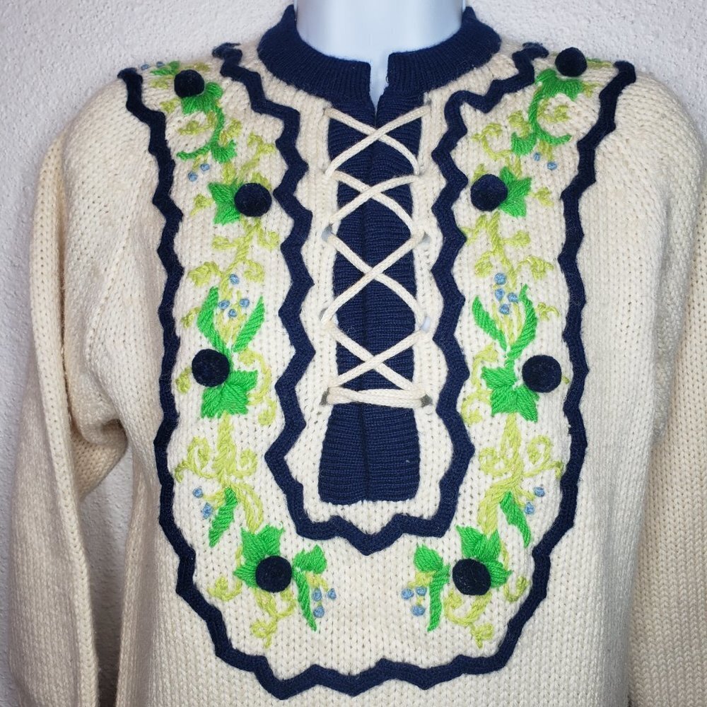 Vtg Tami Sz S Knit Wool Kitschy Embroidered Floral Lace-up Sweater (524) - Picture 3 of 7